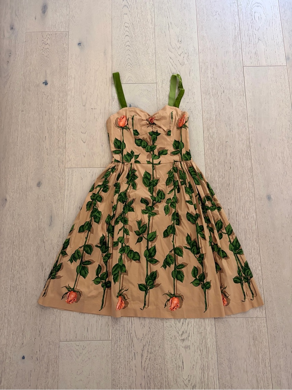 Betsey Johnson Beige Floral Sweetheart Sundress with Green Straps